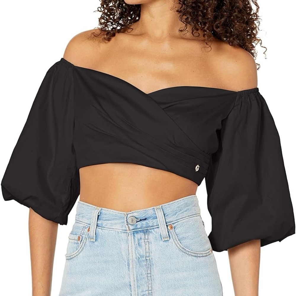 GUESS Puff Sleeve Black Crop Top New XL